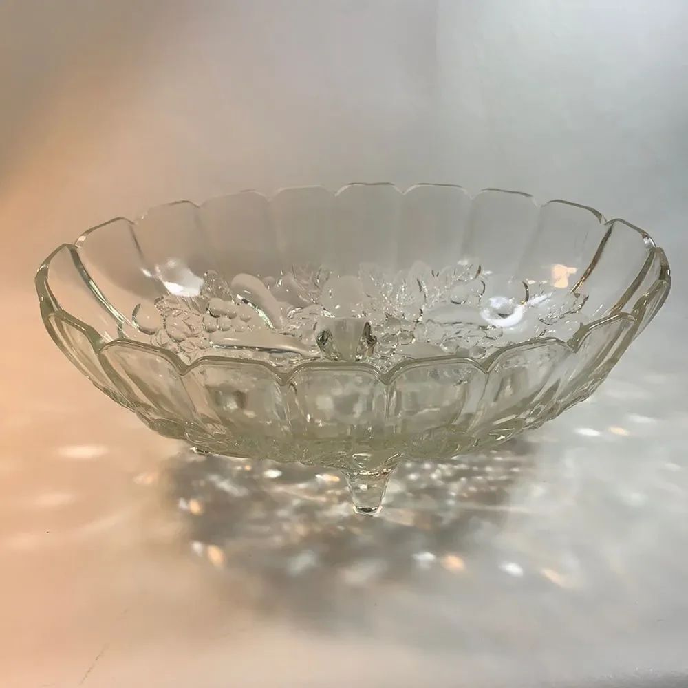 Large Decorative Oval Fruit Embossed Scalloped Edge 3 Footed Glass Serving Bowl